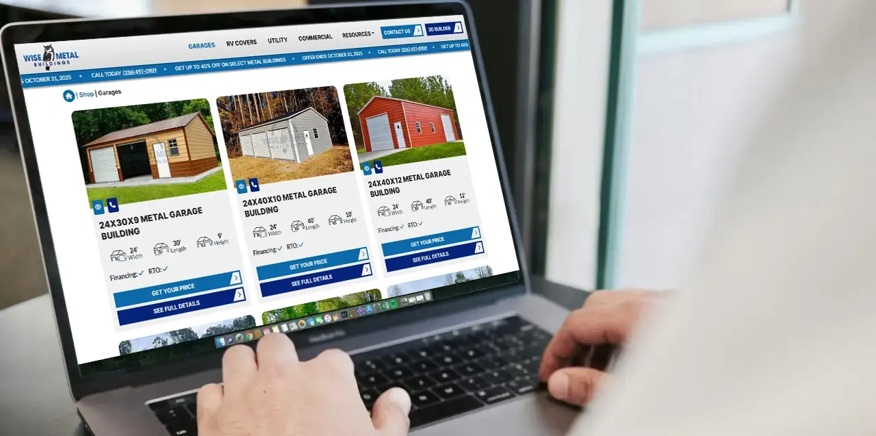 Wise Metal Buildings top selling buildings webpage on a laptop screen.