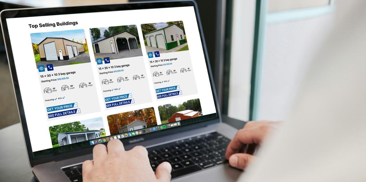 Wise Metal Buildings top selling buildings webpage on a laptop screen.